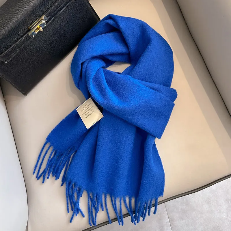 Pure wool mid-length narrow scarf with tassel detailing in beige, 180x32 cm, laid flat