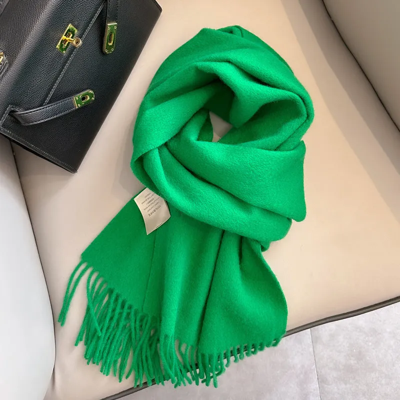 Pure wool mid-length narrow scarf with tassel detailing in beige, 180x32 cm, laid flat