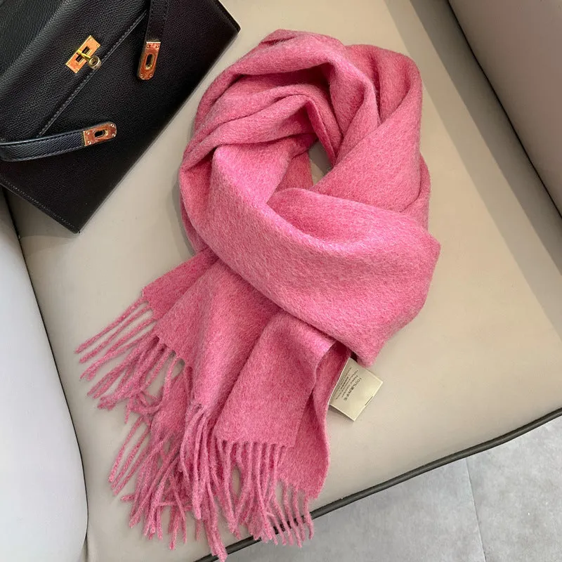 Pure wool mid-length narrow scarf with tassel detailing in beige, 180x32 cm, laid flat