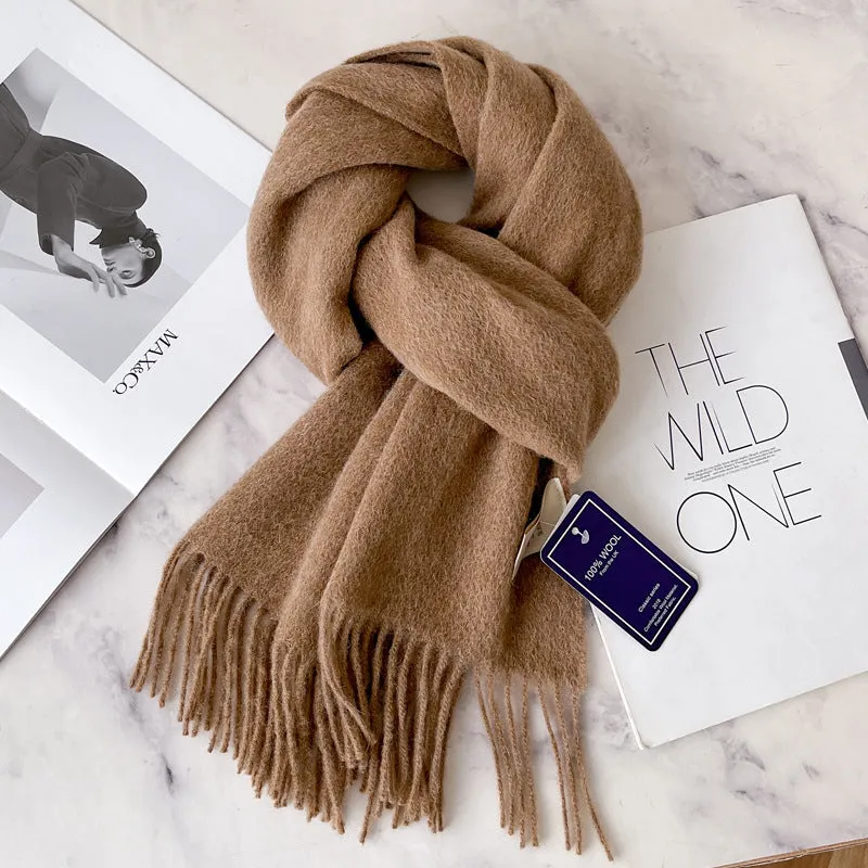 Pure wool mid-length narrow scarf with tassel detailing in beige, 180x32 cm, laid flat