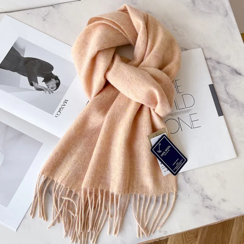 Pure wool mid-length narrow scarf with tassel detailing in beige, 180x32 cm, laid flat