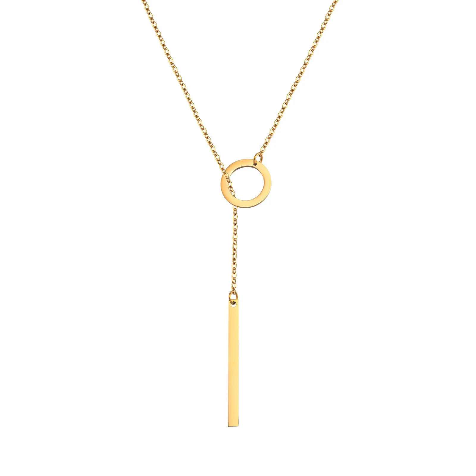 Gold electroplated stainless steel cross and ring geometric pendant necklace on O-link chain