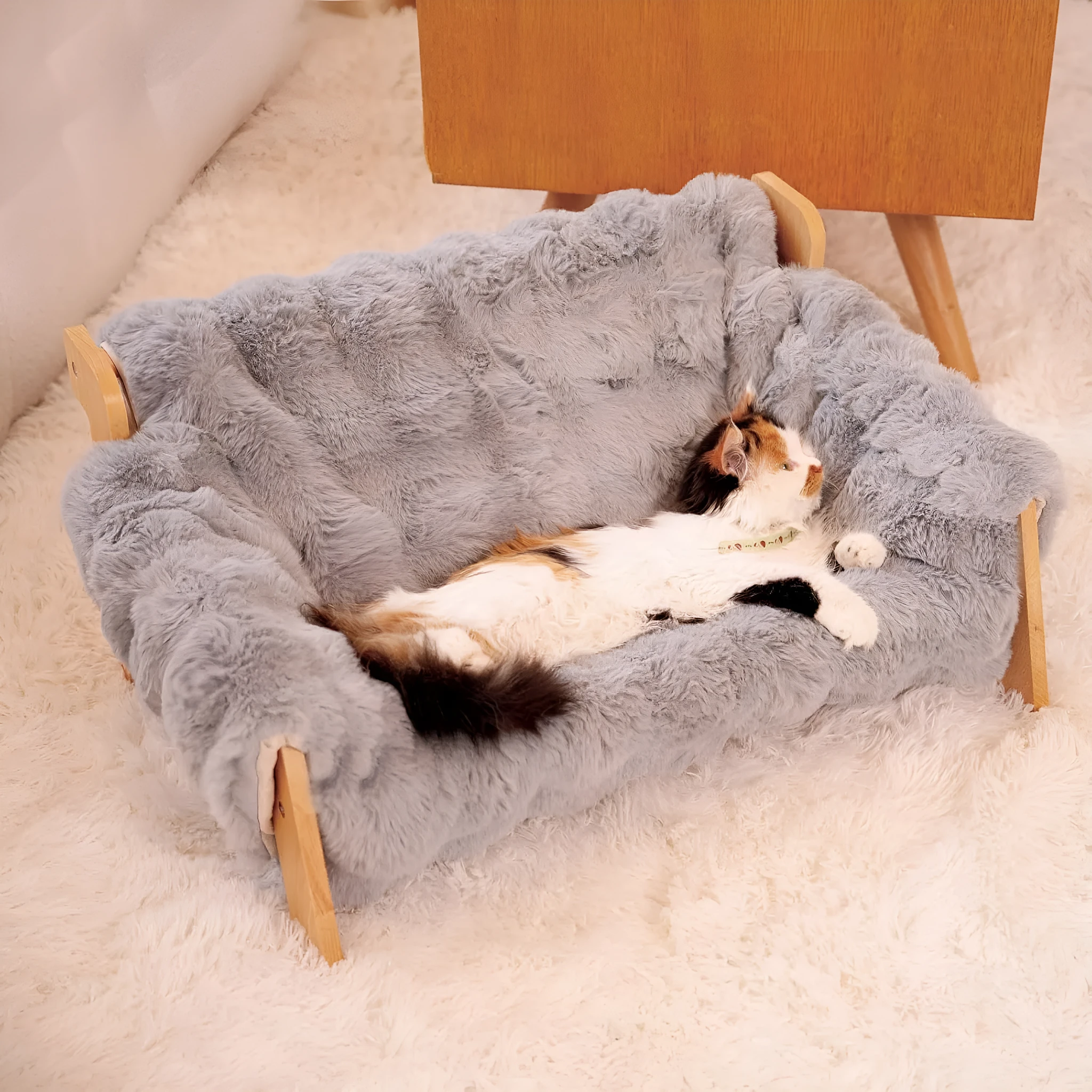 Wooden cat sofa with removable cotton cover in beige colour for small cats