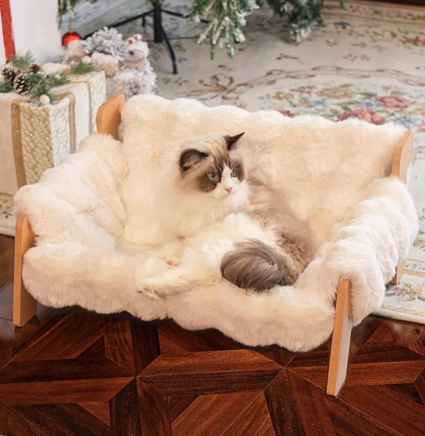 Wooden cat sofa with removable cotton cover in beige colour for small cats