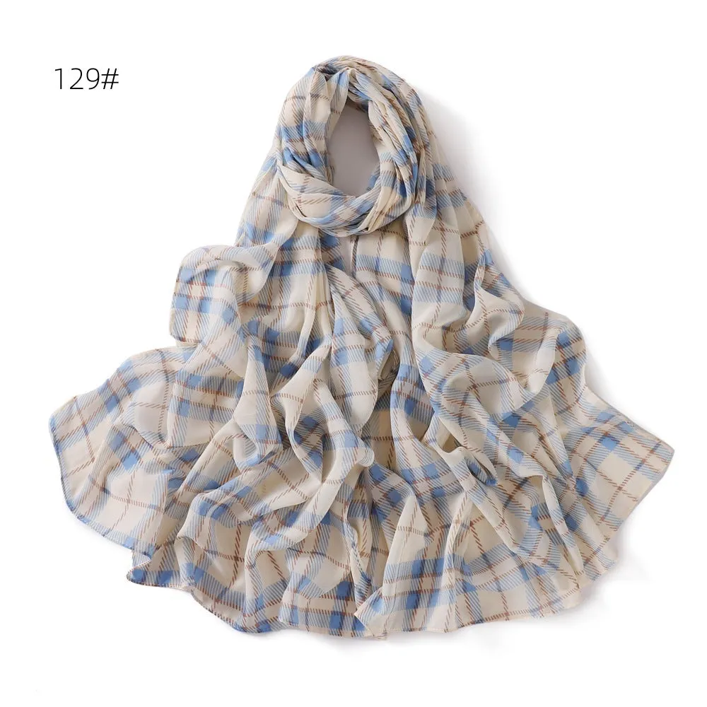 Printed polyester chiffon scarf with plaid maple leaf pattern in 70x175cm size
