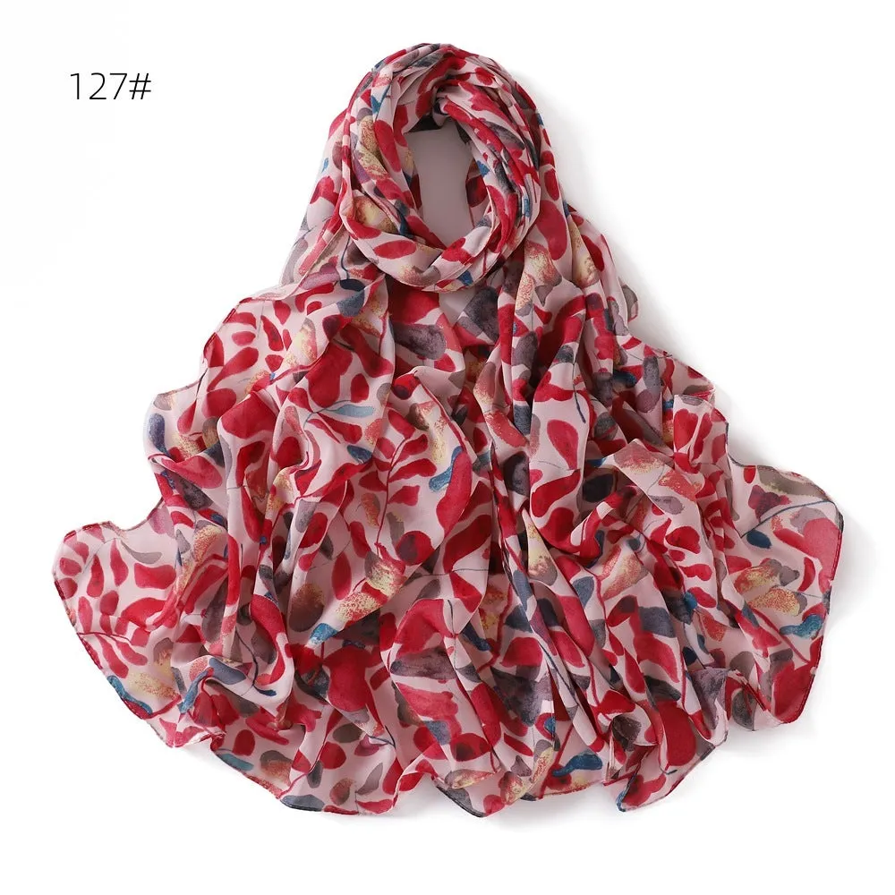 Printed polyester chiffon scarf with plaid maple leaf pattern in 70x175cm size