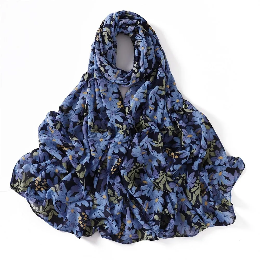 Printed polyester chiffon scarf with plaid maple leaf pattern in 70x175cm size
