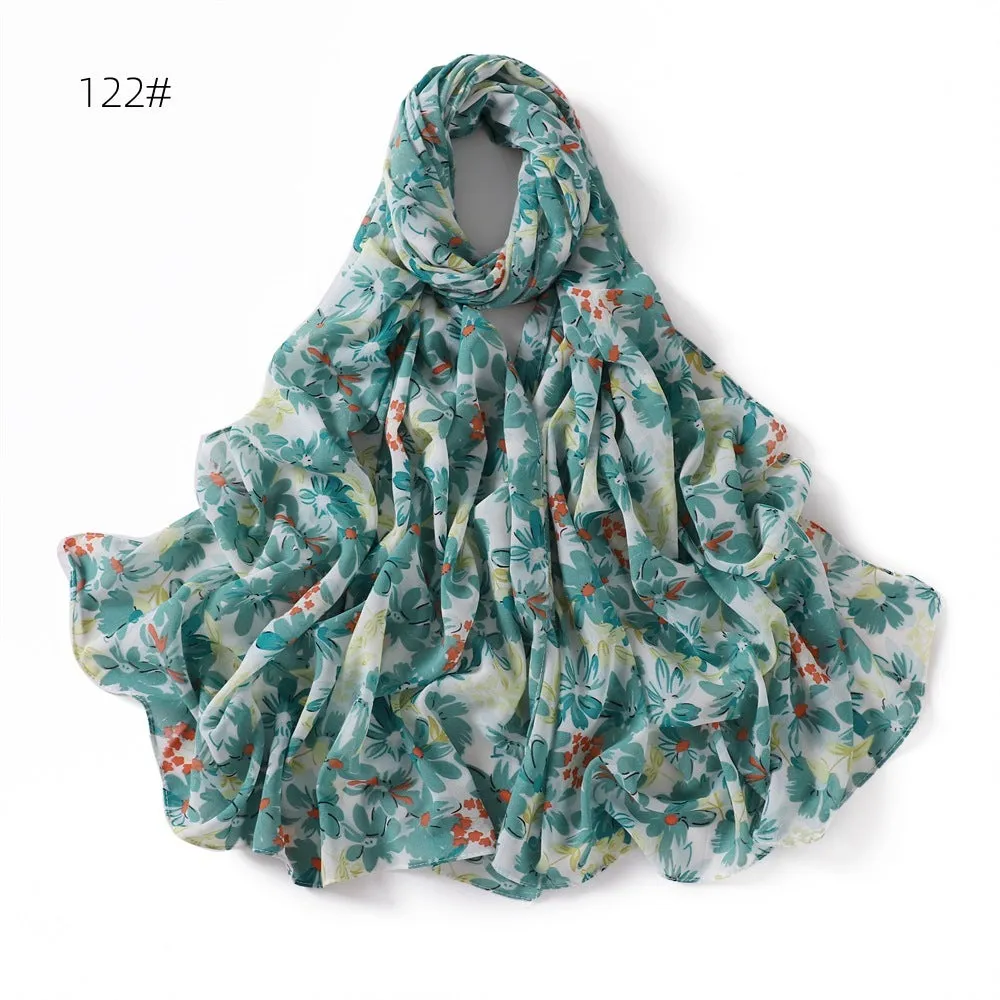 Printed polyester chiffon scarf with plaid maple leaf pattern in 70x175cm size