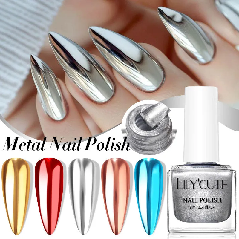 Quick-dry metallic mirror nail polish bottle in a shiny silver shade, 7ml, oily no-bake formula