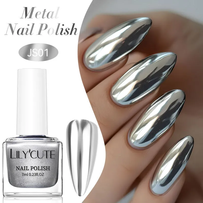 Quick-dry metallic mirror nail polish bottle in a shiny silver shade, 7ml, oily no-bake formula