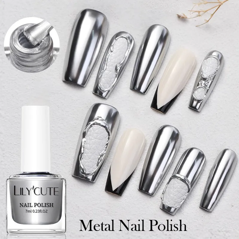 Quick-dry metallic mirror nail polish bottle in a shiny silver shade, 7ml, oily no-bake formula