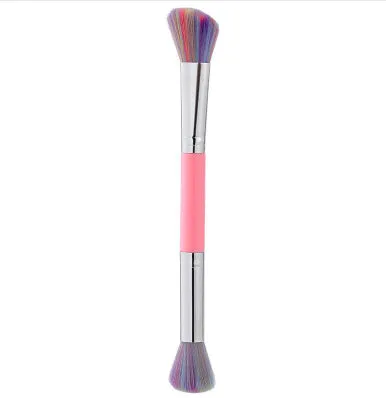 Double-headed makeup brush with soft fibre bristles for powder blush highlight in multicolour