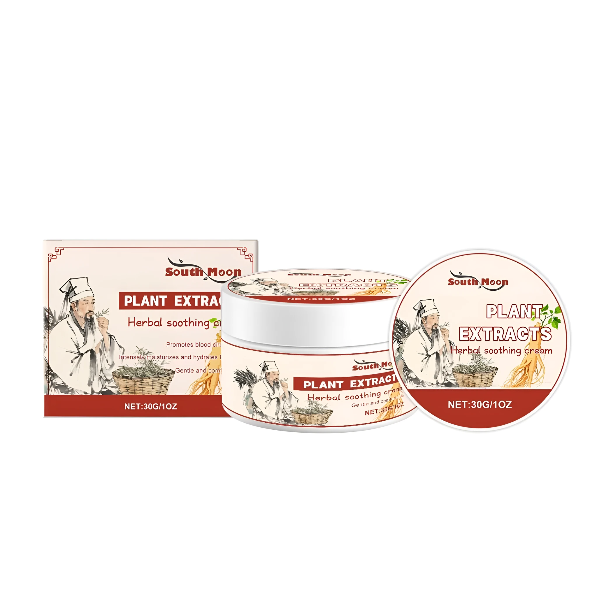 30g jar of herbal soothing cream with ginseng root and mint extracts on a white background