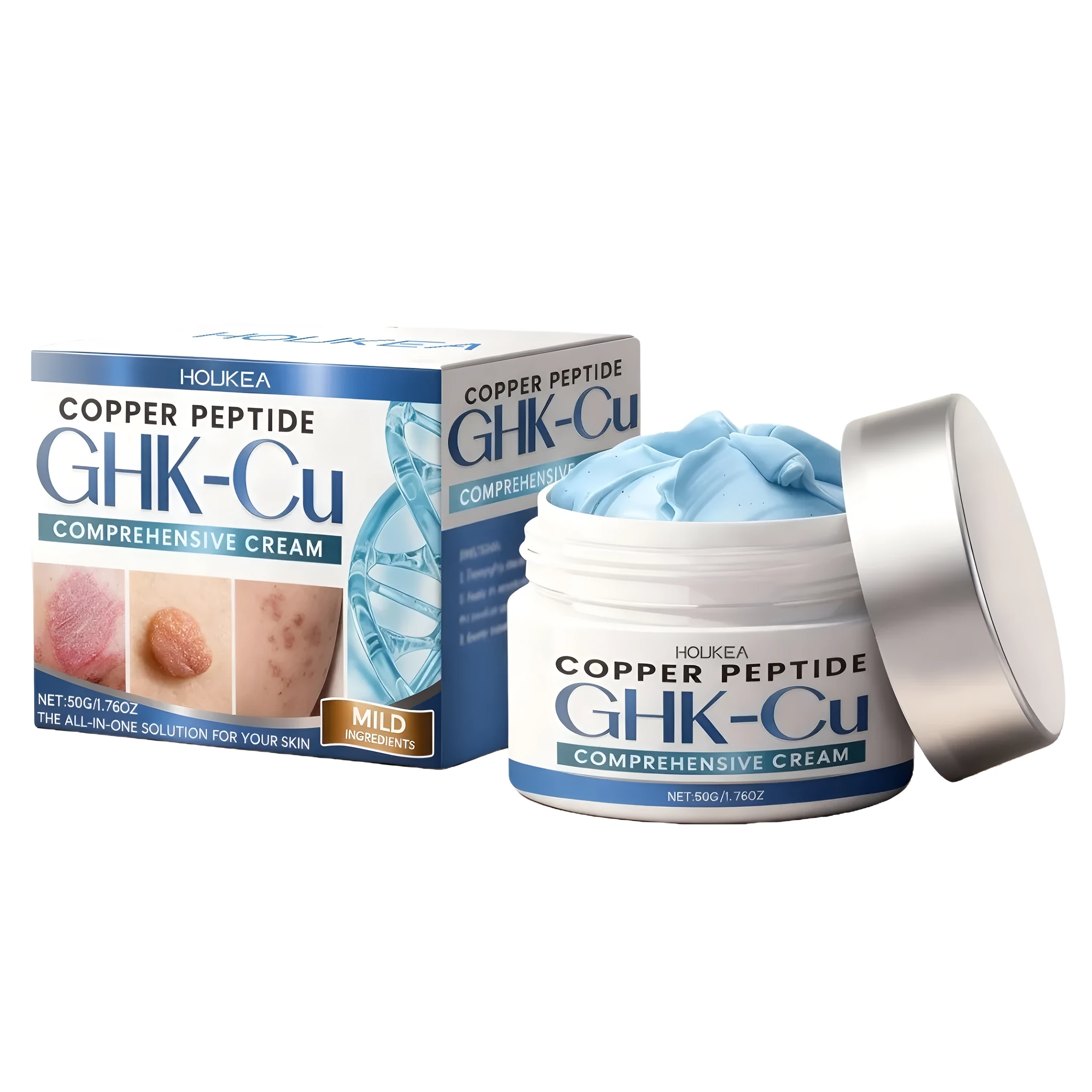 Pot of 50g skin care cream with hydrolyzed collagen and tripeptide-1 copper active ingredients