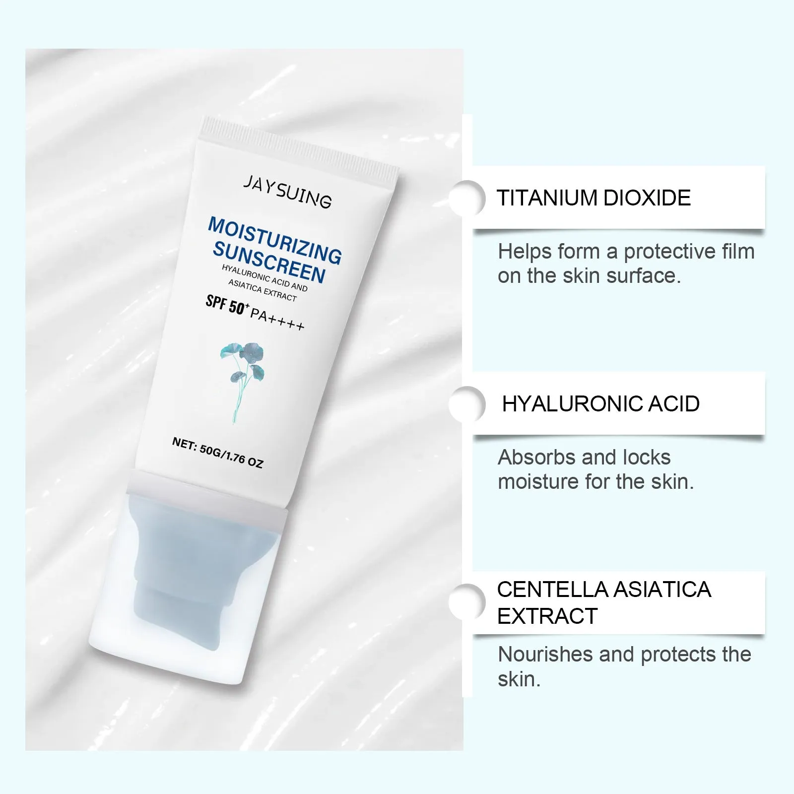 Skitsun Snow Grass Sunscreen cream in 50g tube with Centella Extract and Hyaluronic Acid