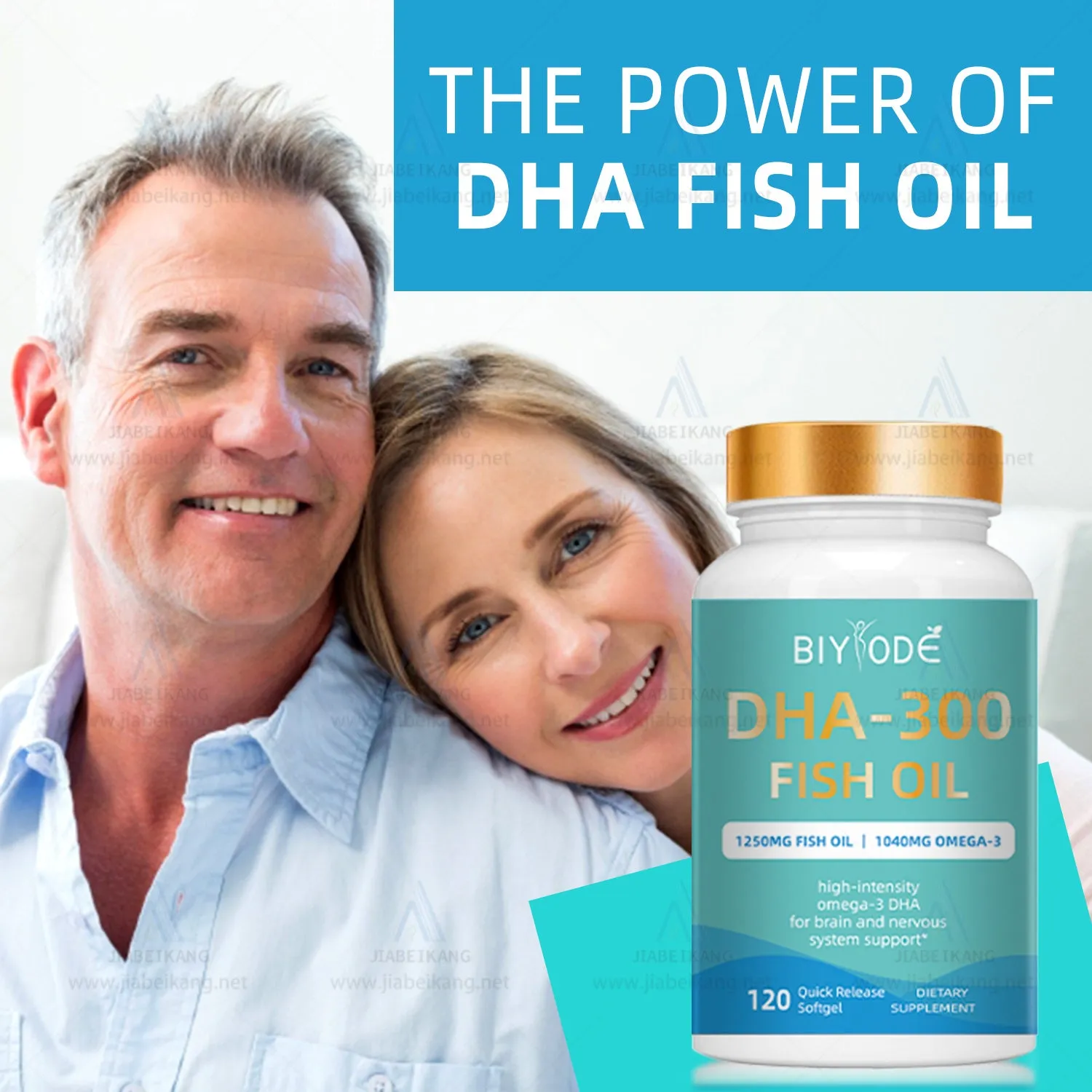 Bottle of DHA-300 Omega-3 fish oil softgels, 120 count, for joint and immune support