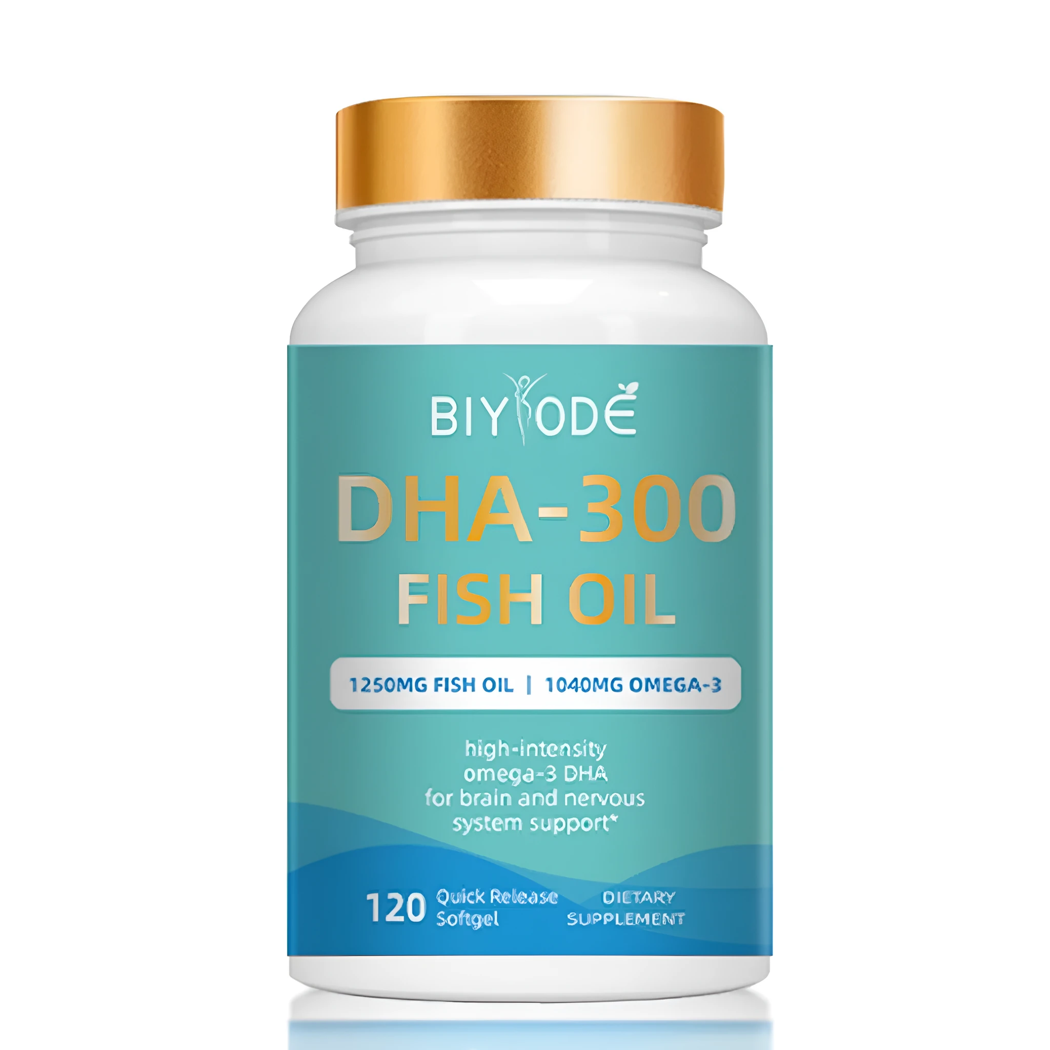 Bottle of DHA-300 Omega-3 fish oil softgels, 120 count, for joint and immune support
