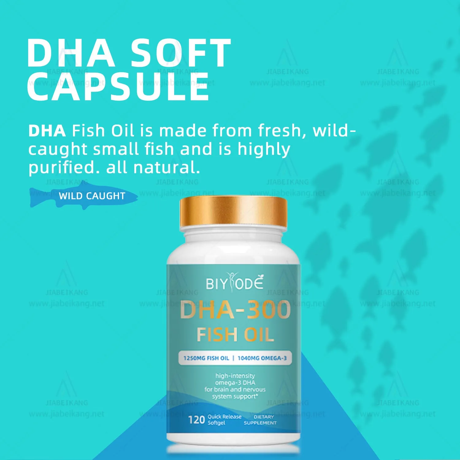 Bottle of DHA-300 Omega-3 fish oil softgels, 120 count, for joint and immune support
