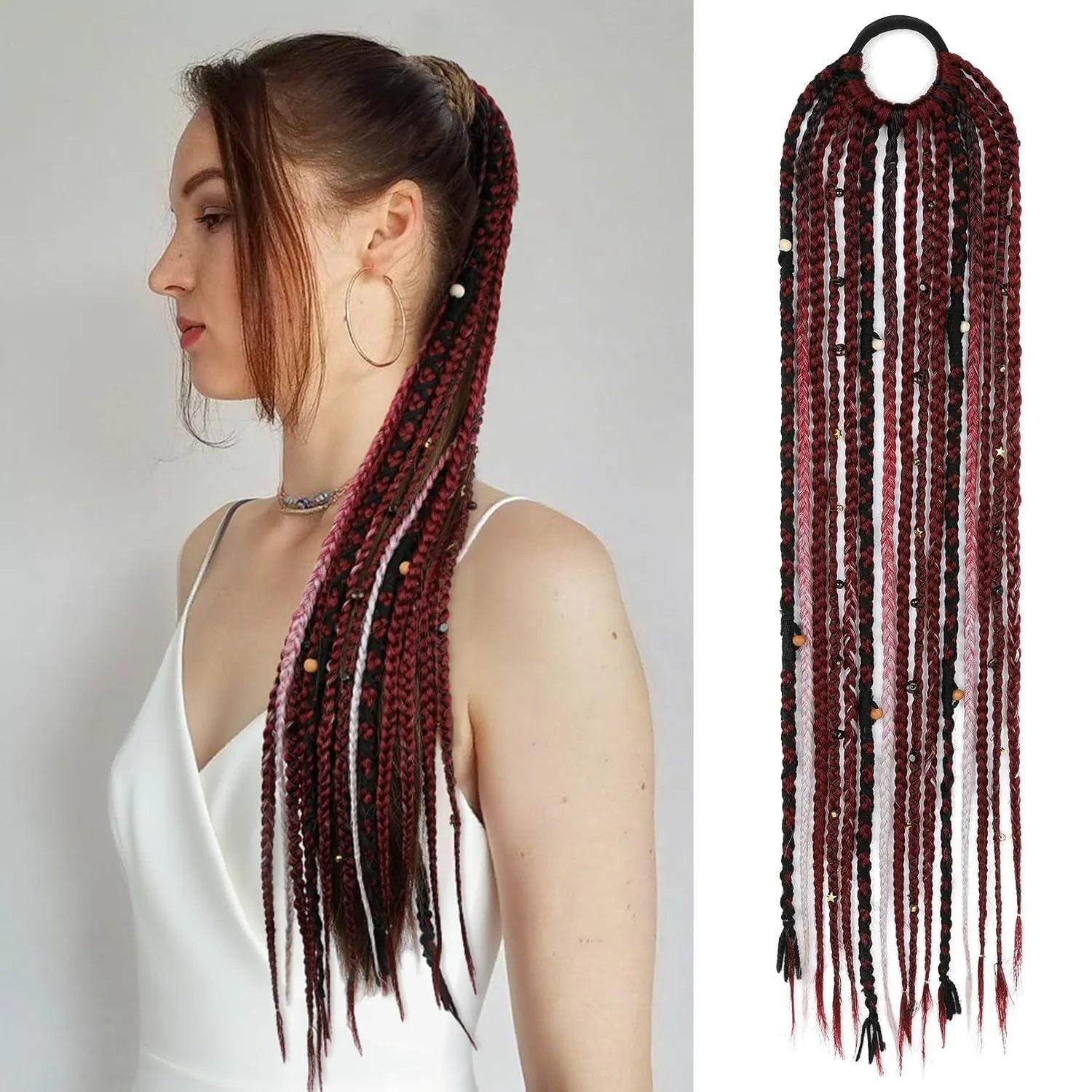 Braided ponytail hair extension with lock beads in dark brown colour, 24 inch length high temperature fibre