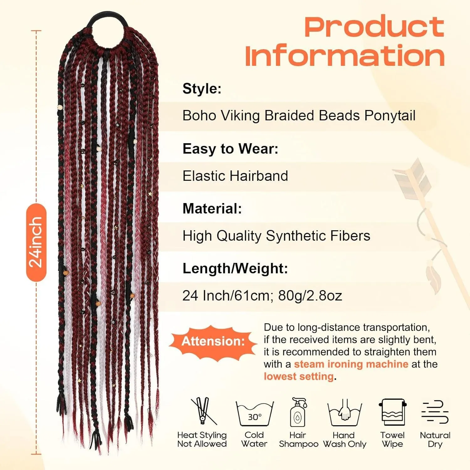 Braided ponytail hair extension with lock beads in dark brown colour, 24 inch length high temperature fibre