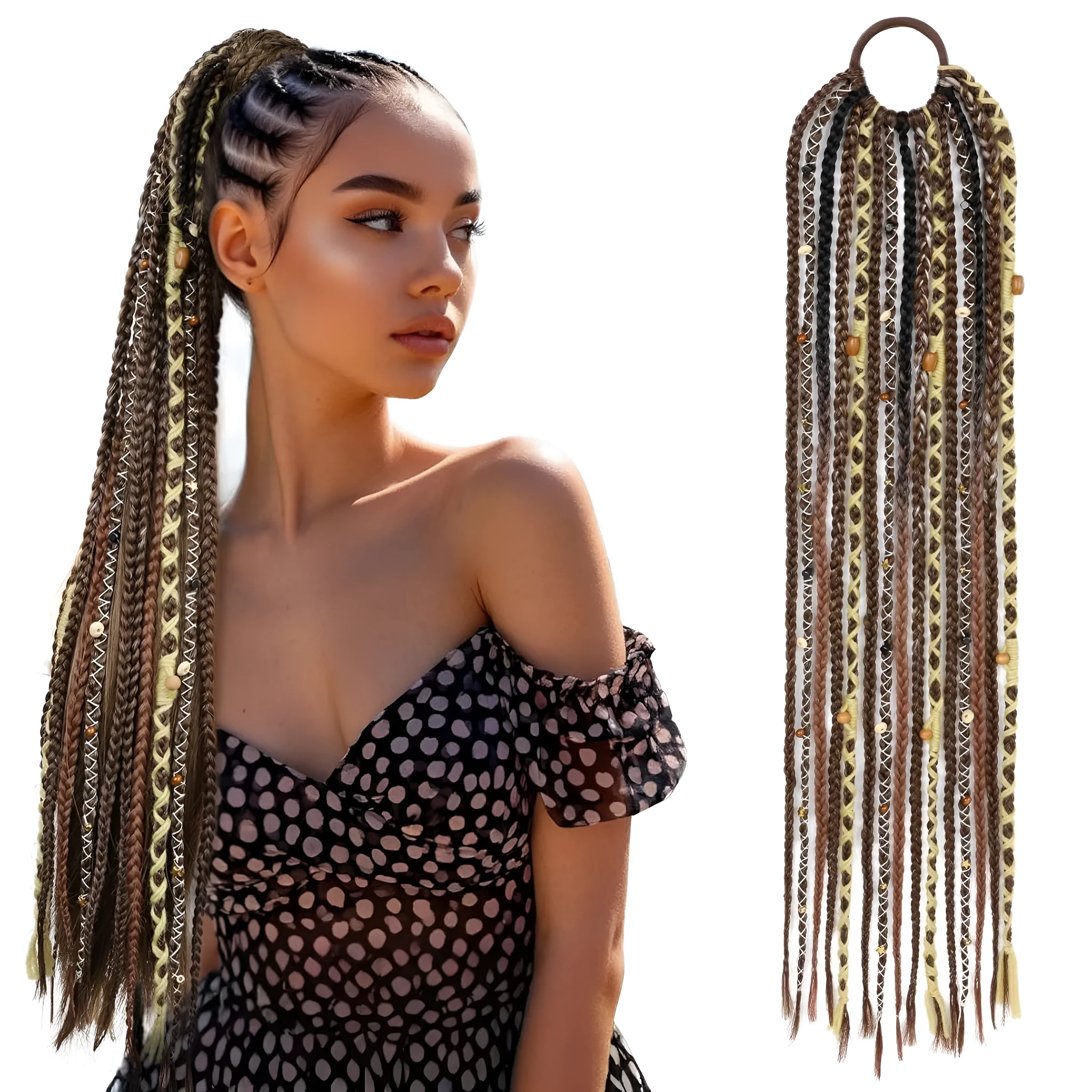Braided ponytail hair extension with lock beads in dark brown colour, 24 inch length high temperature fibre