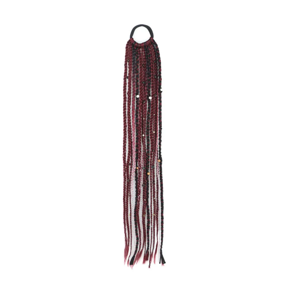 Braided ponytail hair extension with lock beads in dark brown colour, 24 inch length high temperature fibre