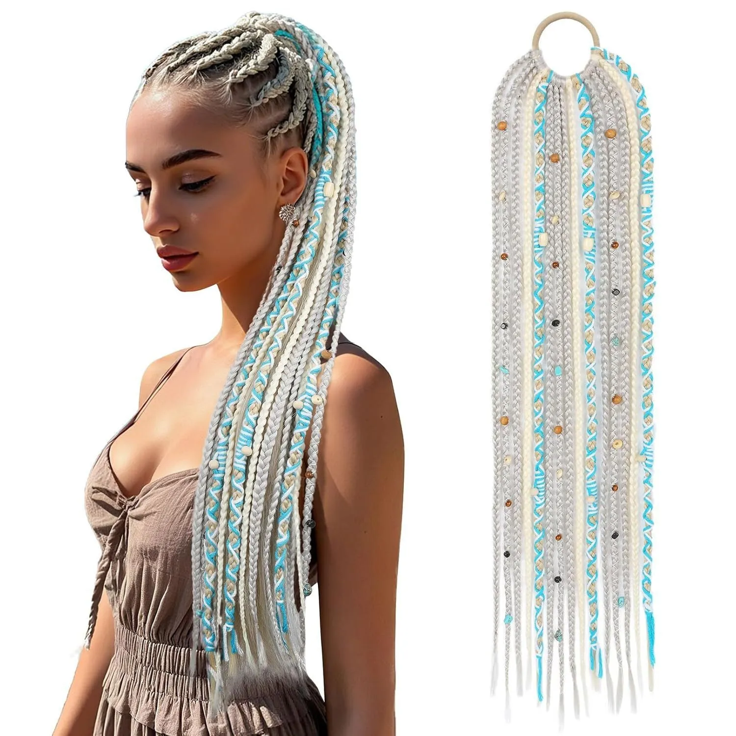 Braided ponytail hair extension with lock beads in dark brown colour, 24 inch length high temperature fibre
