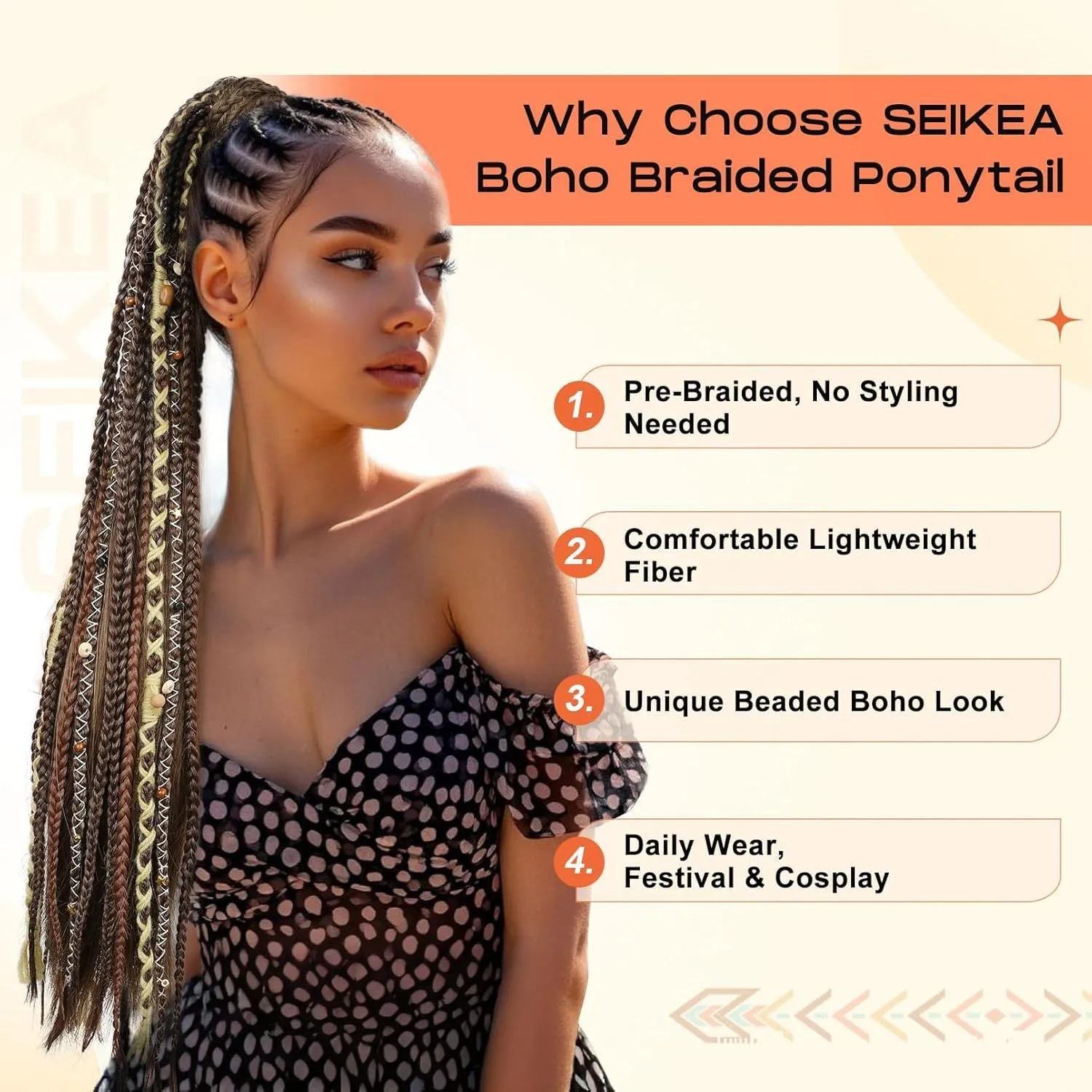 Braided ponytail hair extension with lock beads in dark brown colour, 24 inch length high temperature fibre