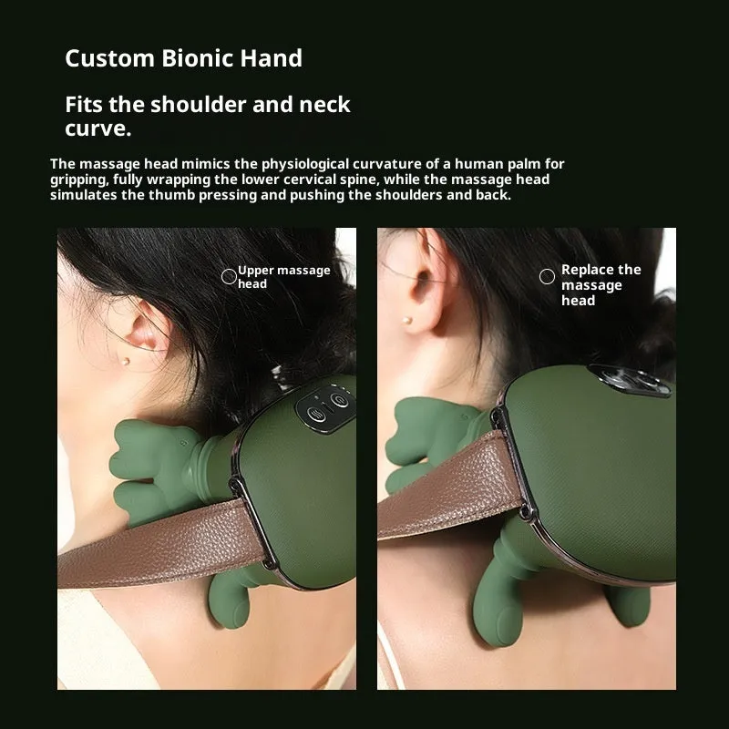 Rechargeable trapezius neck hand shoulder massager in green silicone paint with multi-mode and heat