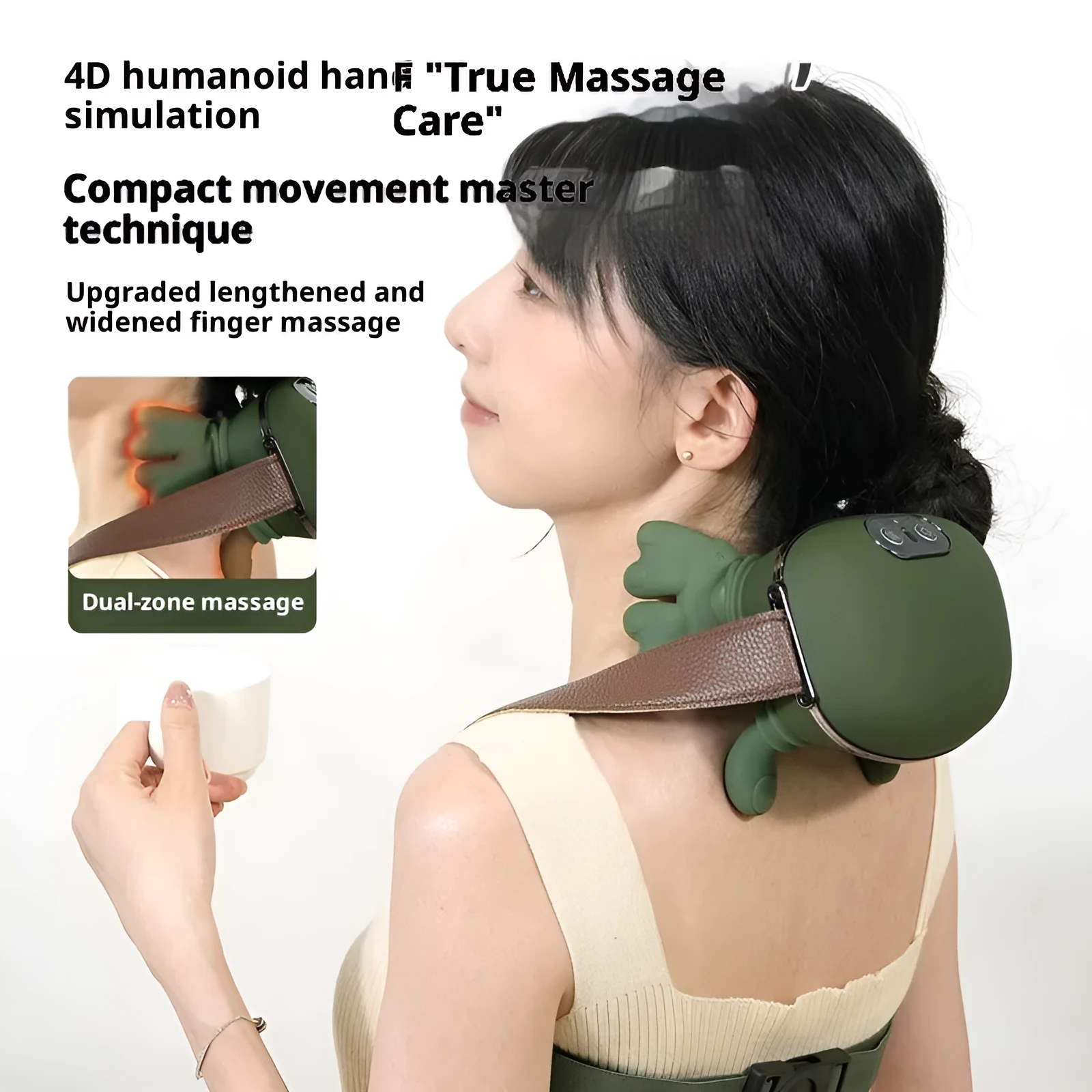Rechargeable trapezius neck hand shoulder massager in green silicone paint with multi-mode and heat