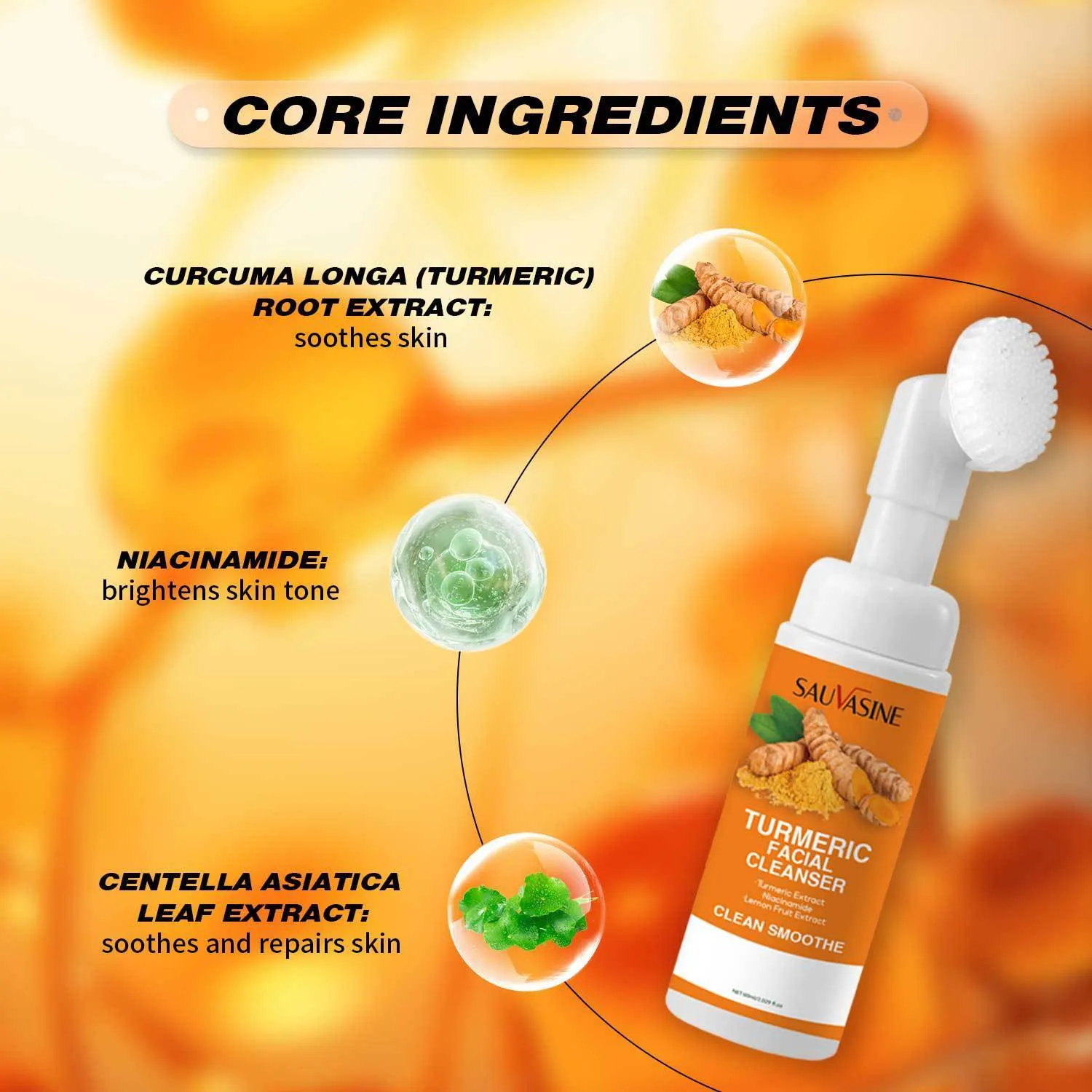 Turmeric facial cleanser 60ml bottle with yellow label and cap on white background