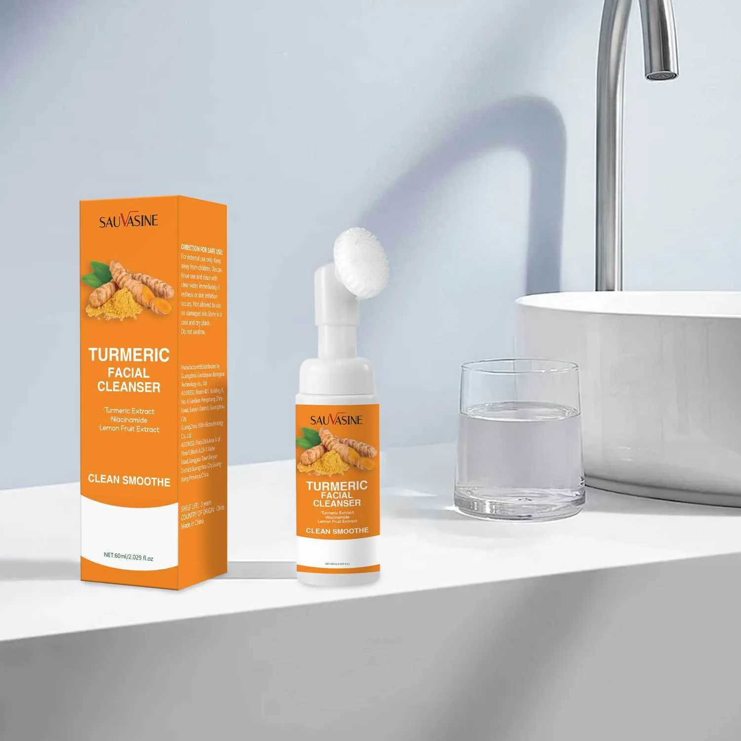 Turmeric facial cleanser 60ml bottle with yellow label and cap on white background
