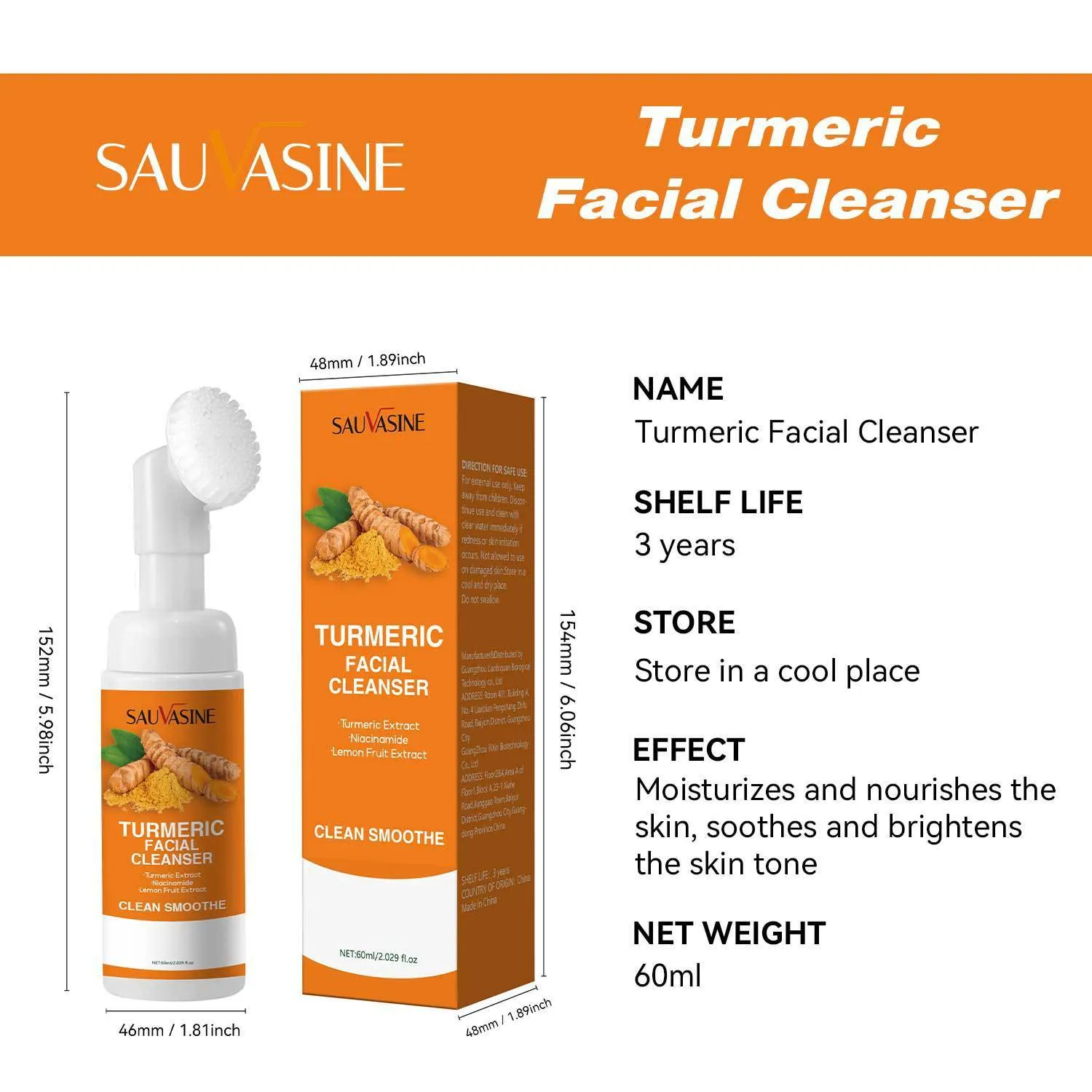 Turmeric facial cleanser 60ml bottle with yellow label and cap on white background