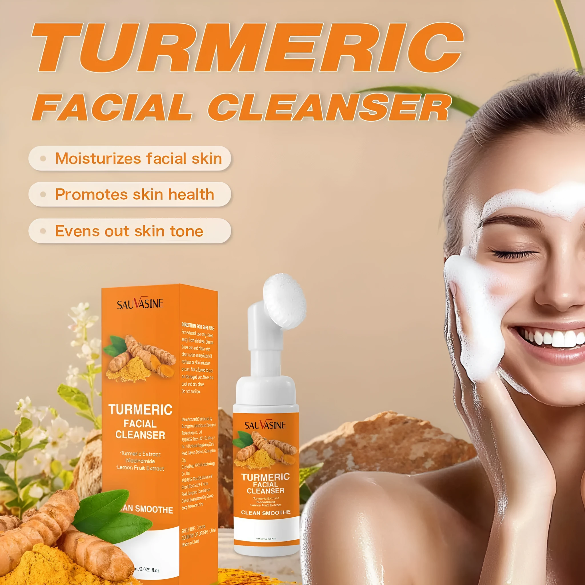 Turmeric facial cleanser 60ml bottle with yellow label and cap on white background