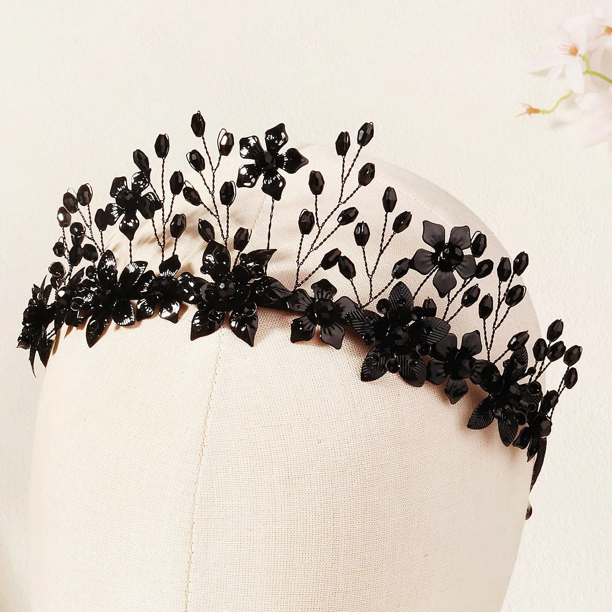 Black crystal Halloween headband for women handmade dark style flower headpiece TS-J3368BLK