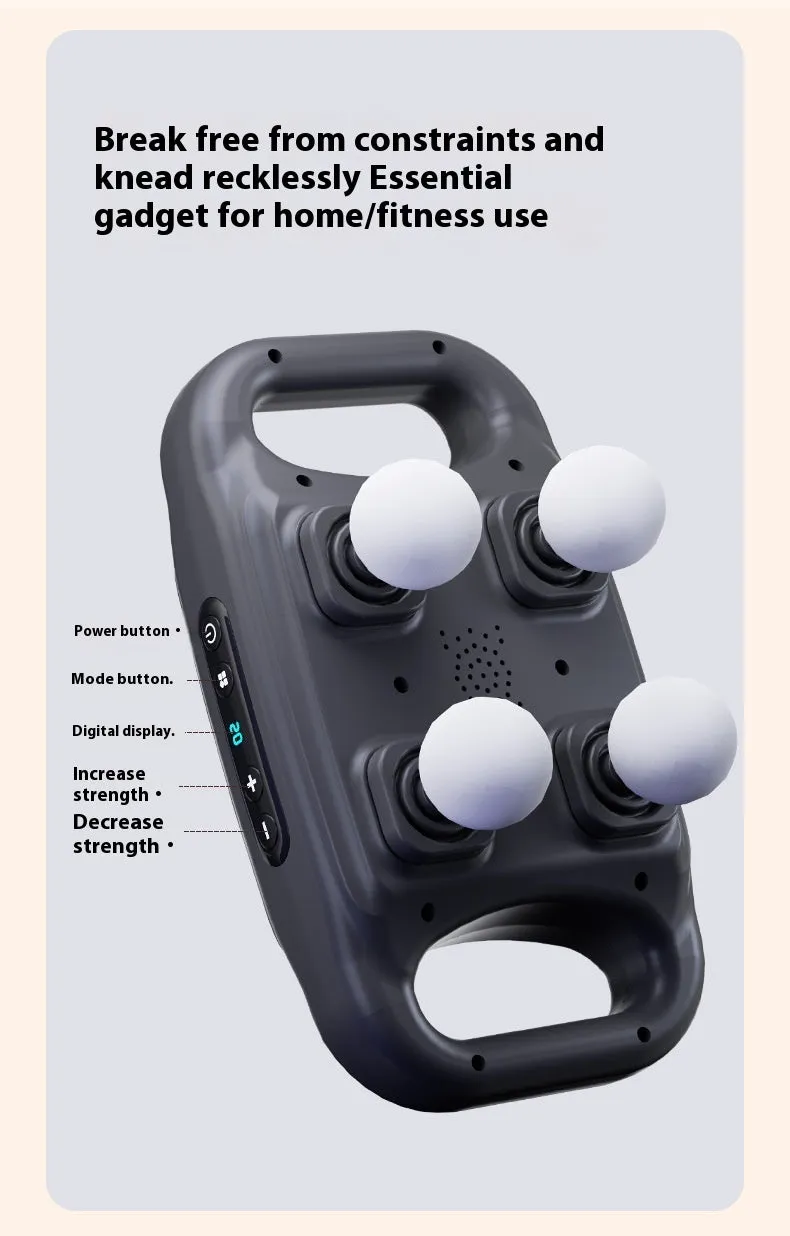 Rechargeable four-head massager in black with multi-gear adjustment and Type-C charging port