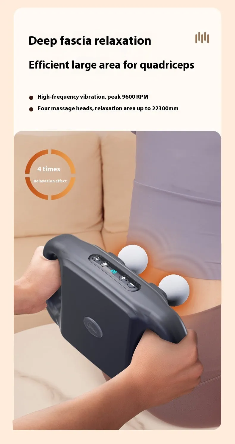 Rechargeable four-head massager in black with multi-gear adjustment and Type-C charging port