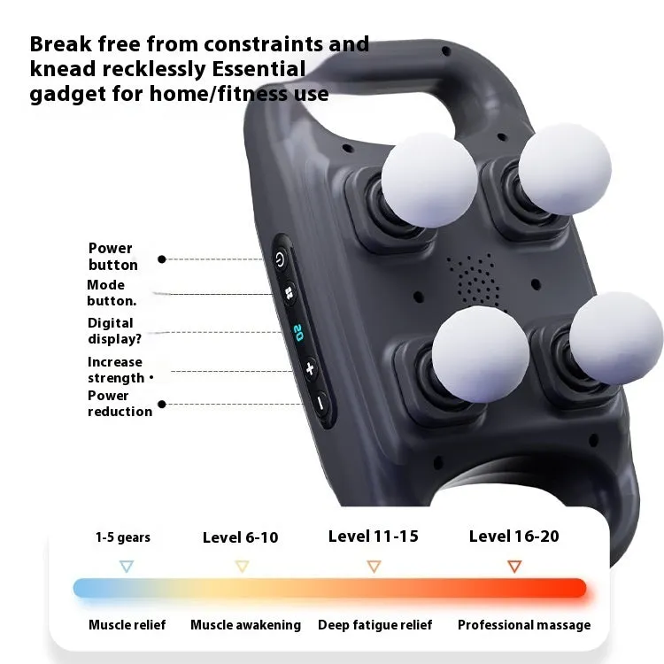 Rechargeable four-head massager in black with multi-gear adjustment and Type-C charging port