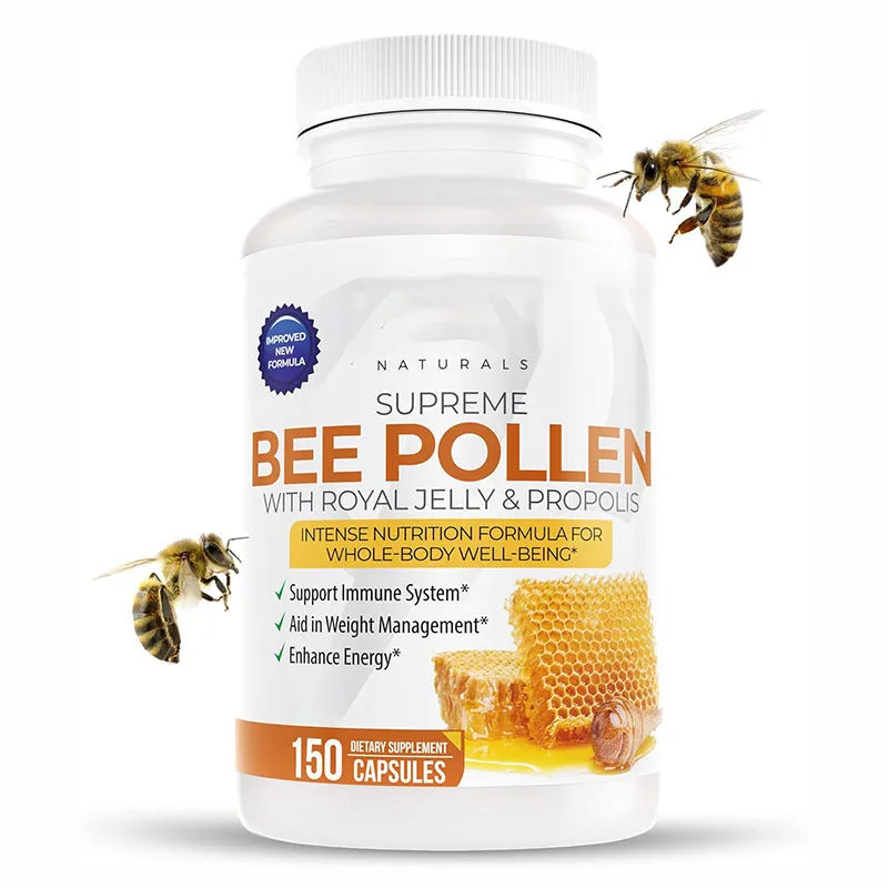 Bottle of royal jelly capsules showing 60, 90, or 120 tablets per pack