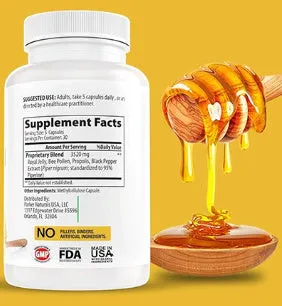 Bottle of royal jelly capsules showing 60, 90, or 120 tablets per pack
