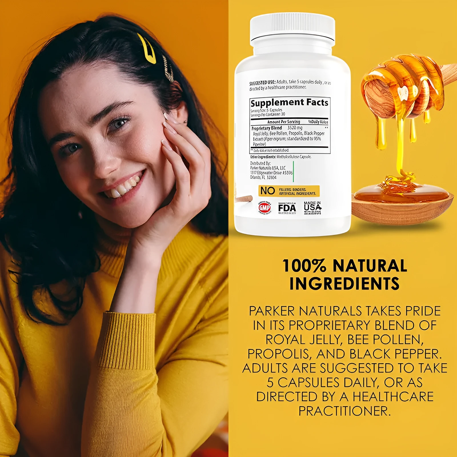 Bottle of royal jelly capsules showing 60, 90, or 120 tablets per pack