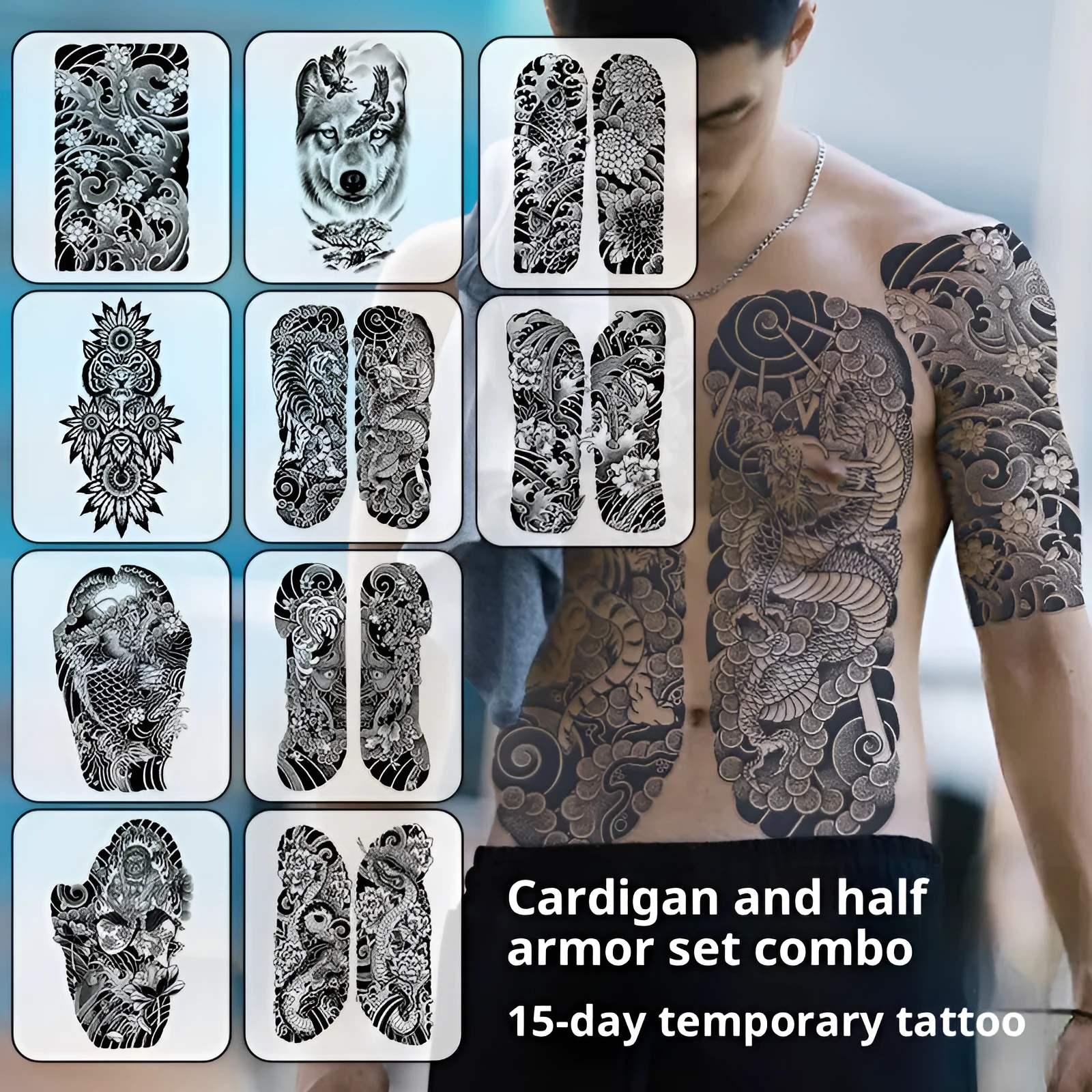 Half a tattoo sticker men's trendy pattern advanced simulation water transfer Chinese style 19x32CM