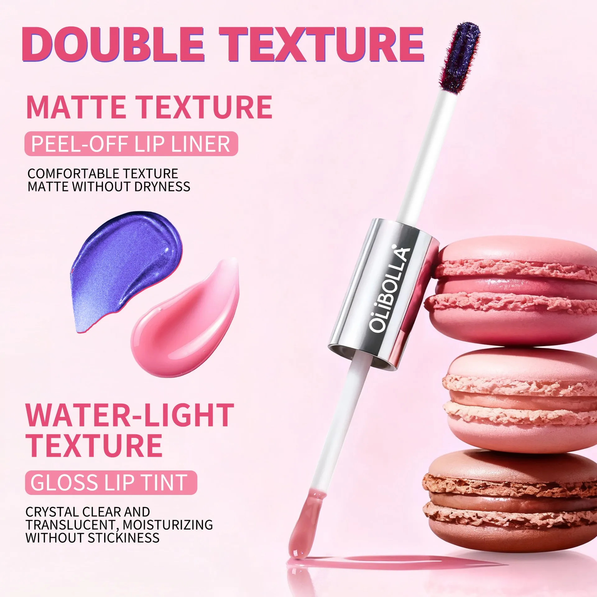 Waterproof lip gloss in four colour options with stripping lip liner effect