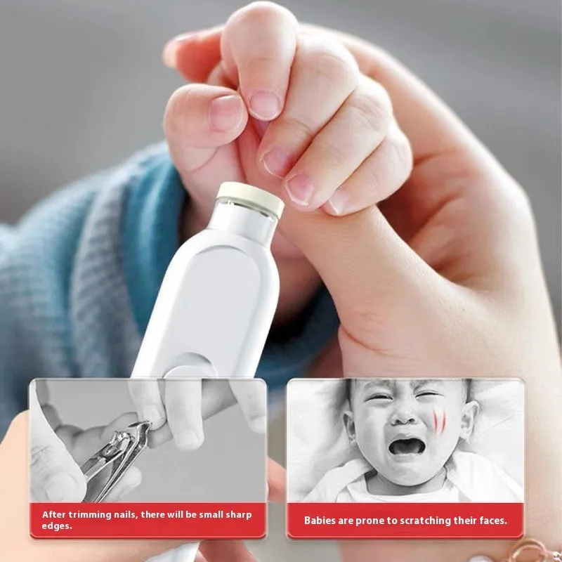 Lightweight maternal and child nail trimmer with orange unit, grinding heads, and storage box on white background