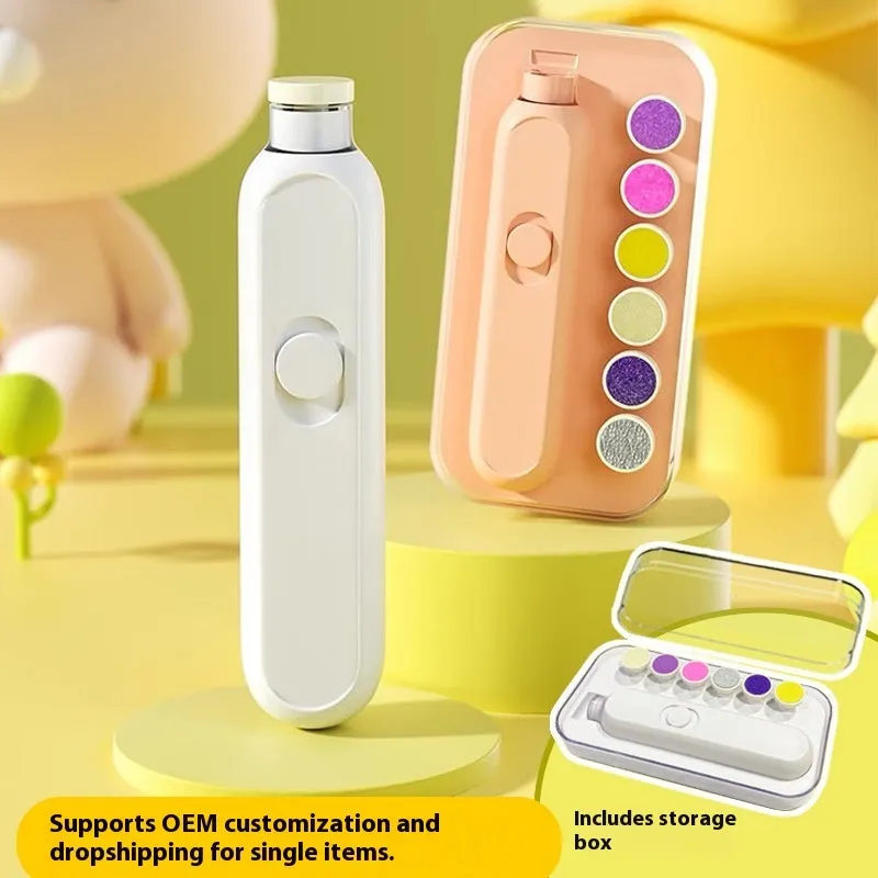 Lightweight maternal and child nail trimmer with orange unit, grinding heads, and storage box on white background