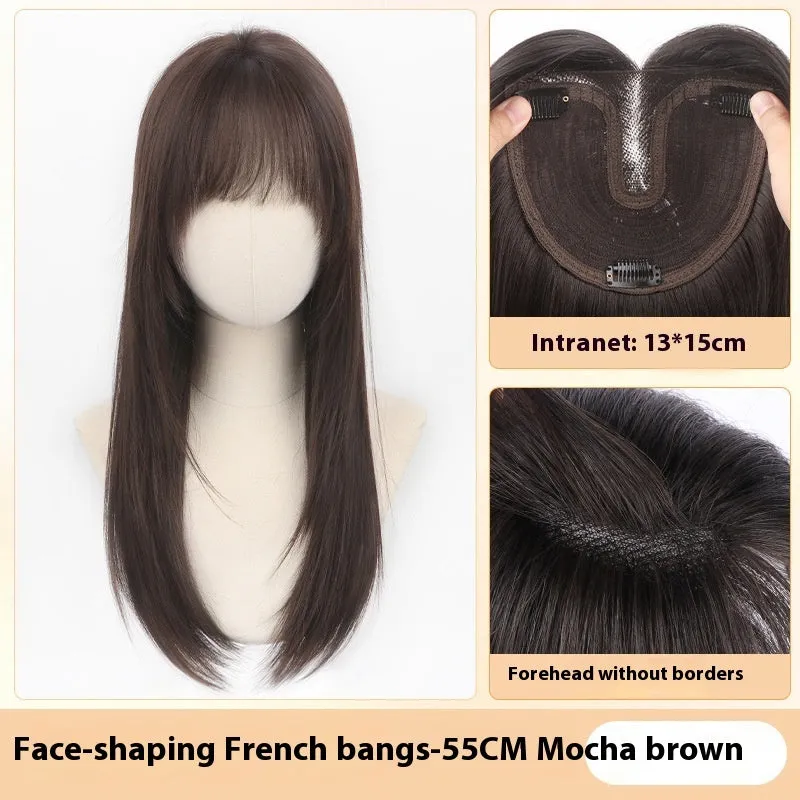 Hairfree Mesh Wig Female Traceless Ventilation Wig High Temperature Fiber Non-Hot Dye Half-Handmade Weaving Medium Curly or Straight Hair 60cm Length Natural Color or Caramel Mocha for Any Skin Colour