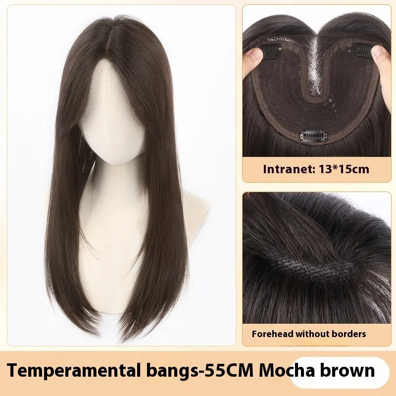 Hairfree Mesh Wig Female Traceless Ventilation Wig High Temperature Fiber Non-Hot Dye Half-Handmade Weaving Medium Curly or Straight Hair 60cm Length Natural Color or Caramel Mocha for Any Skin Colour
