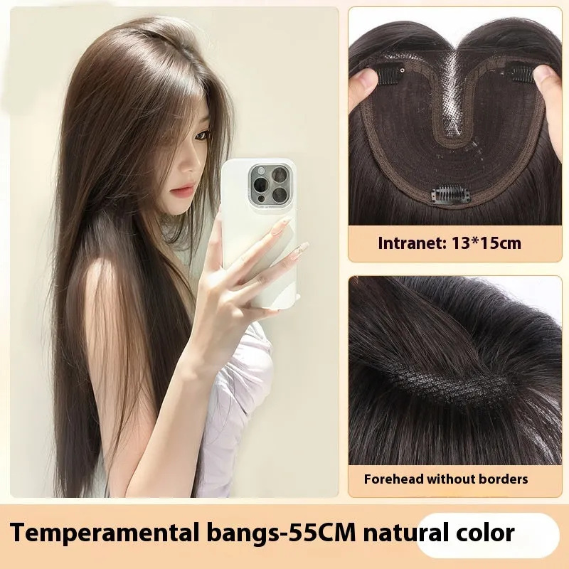 Hairfree Mesh Wig Female Traceless Ventilation Wig High Temperature Fiber Non-Hot Dye Half-Handmade Weaving Medium Curly or Straight Hair 60cm Length Natural Color or Caramel Mocha for Any Skin Colour