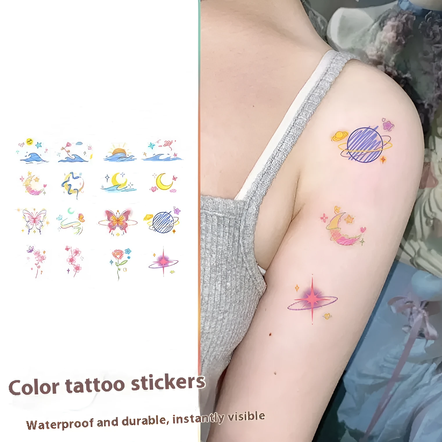 Butterfly moon colour shoulder clavicle tattoo sticker water transfer printing Chinese style geometric design