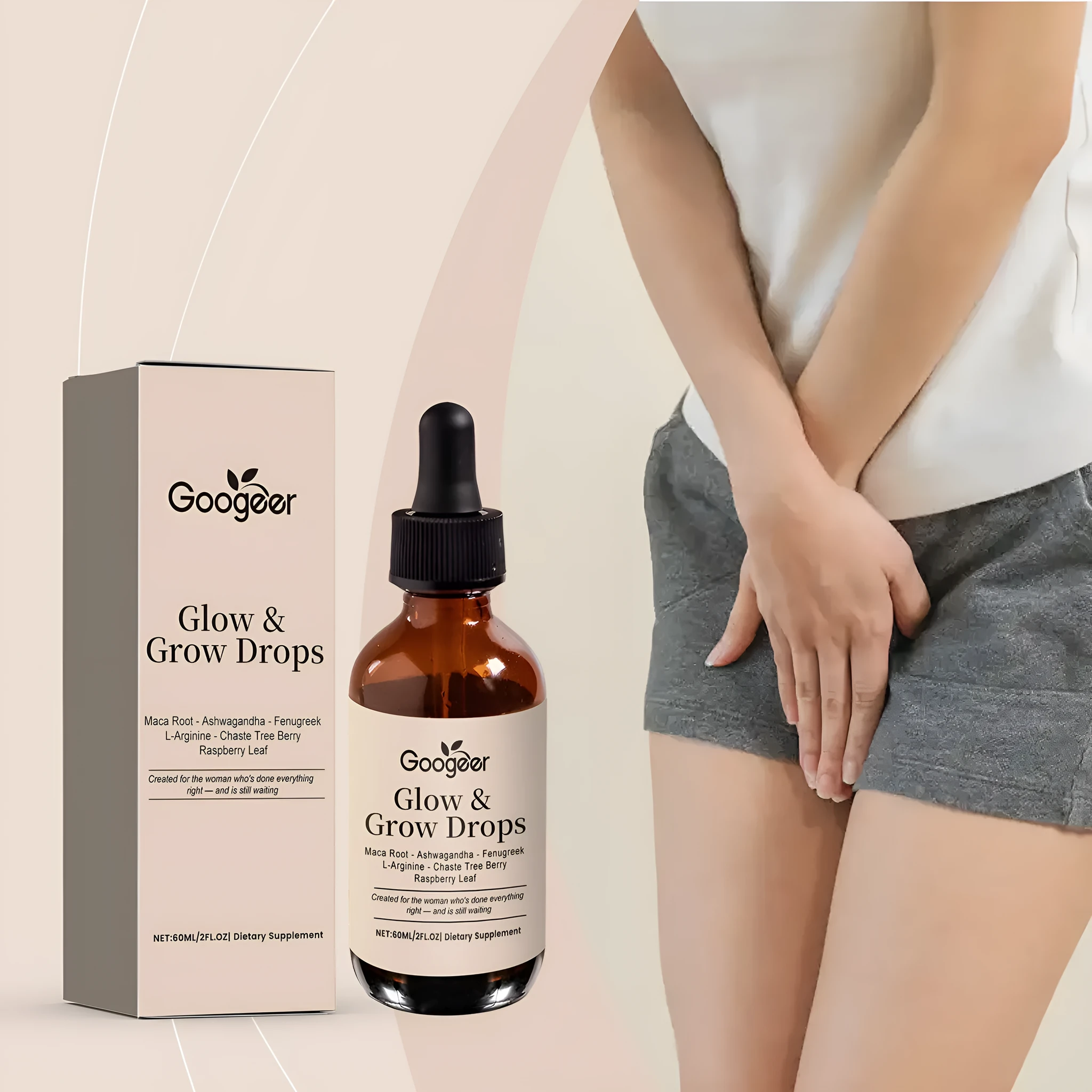 60ml bottle of Female Estrogen Balance Drops dietary supplement with dropper, containing vitamins and herbal extracts
